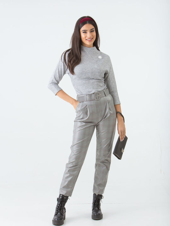 Trousers High Waist Trousers Grey Leatherette Plaid