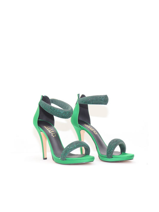 Ellen Fabric Women's Sandals Green with Thin High Heel