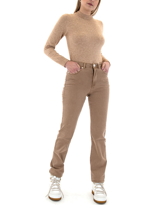 High Waist Women's Jean Pants in Straight Leg Style Brown