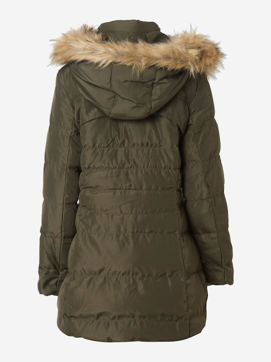 Funky Buddha Women's Long Puffer Jacket for Winter with Detachable Hood Khaki