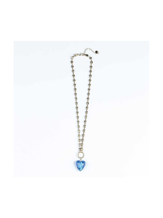 Gold steel Cuoro necklace with blue morano heart