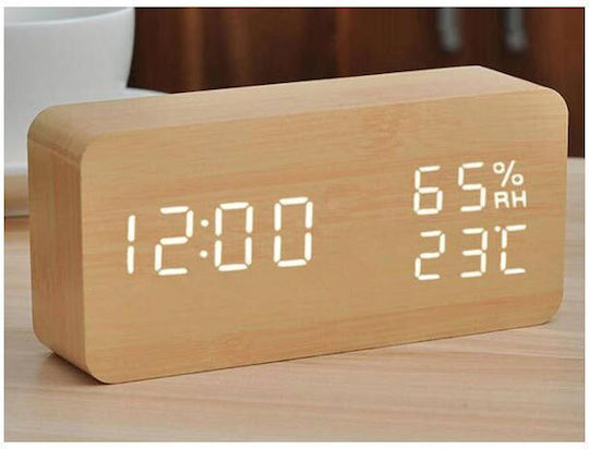 Tischuhr Digital LED Holz mit Wecker Beige AT00010569