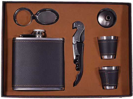 SP Souliotis Set Trinkflasche Rostfreier Stahl mit Schlüsselanhänger Schnapsgläser Feuerzeug & Trichter Silber 178ml
