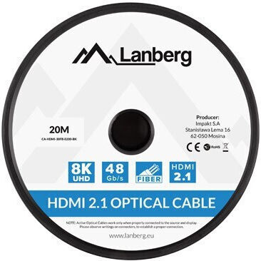 Lanberg HDMI 2.1 Ultra High Speed 48Gbps 4K 120Hz HDR VRR Kabel HDMI-Stecker - HDMI-Stecker 20m Schwarz