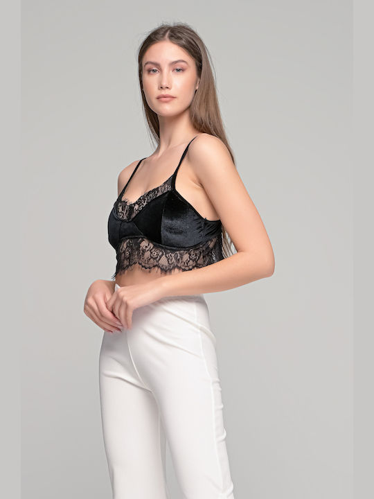 LikeMe Βραδινό Crop Top με Δαντέλα Μαύρο