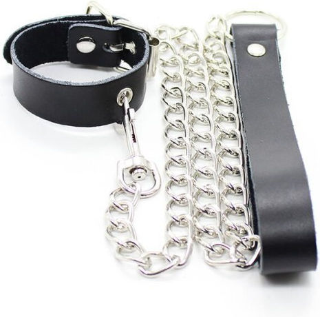 Dream Love Ohmama Restraint Leather Necklace & Metallic Chain Collar in Black Color