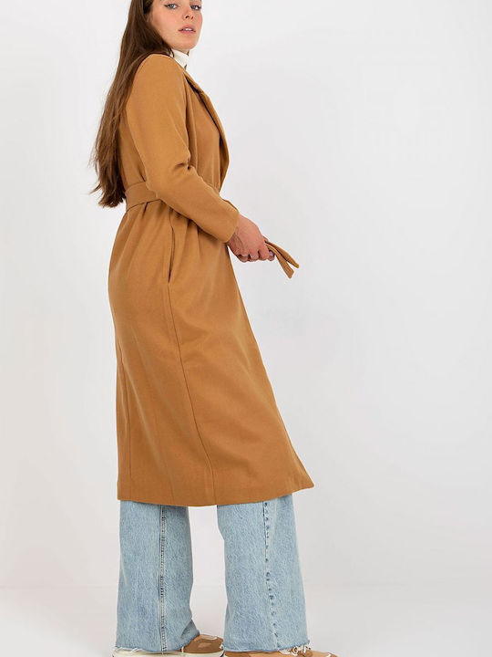 Och Bella Women's Midi Coat with Belt Camel