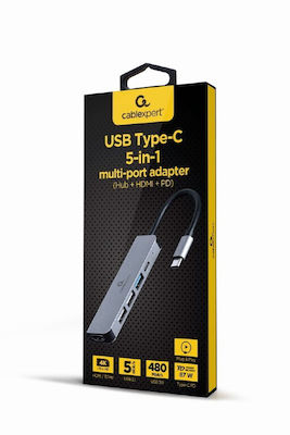 Cablexpert USB-C Stație de andocare cu HDMI 4K PD Gri (A-CM-COMBO5-03)