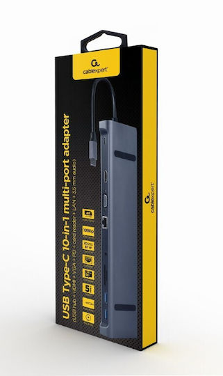 Cablexpert USB-C Docking Station με DisplayPort 4K PD Ethernet Γκρι (A-CM-COMBO10-01)