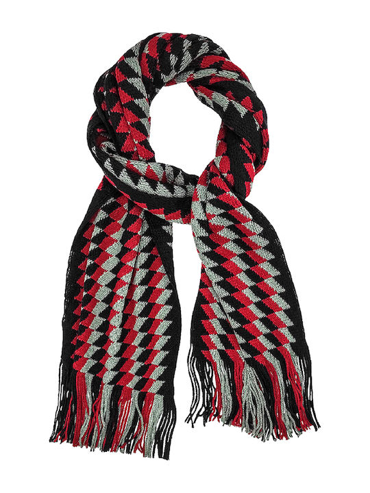 Men's knitted scarf with fringes tricolour Red Black Gray Rhombus design code 3167