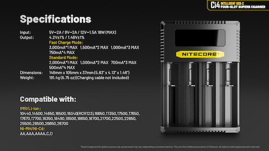 NiteCore Ci4 USB Charger 4 Batteries Li-ion Size AA/AAA/D/18650/16340/26650/14500