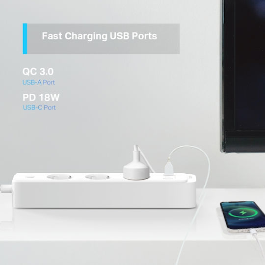 TP-LINK Tapo P300 Smart Power Strip 3 Positions with 2 USB-A, 1 USB-C, Switch and Cable 1.5m
