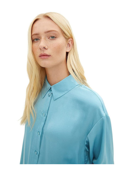 Women's Satin Monochrome Long Sleeve Shirt Light Blue