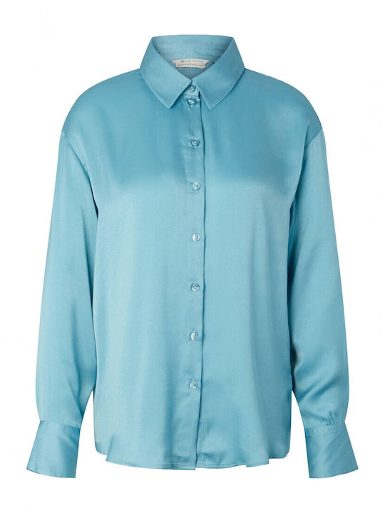 Women's Satin Monochrome Long Sleeve Shirt Light Blue