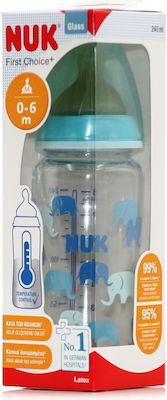 Nuk Glass Bottle First Choice Plus Temperature Control Anti-Colic with Rubber Nipple for 0-6 months Blue Elephants 240ml 1pcs 10.745.125