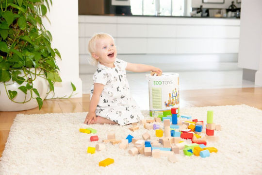 Ecotoys Building Blocks Set Wooden Colored Wooden Building Blocks for 1.5+ Years 100 Pieces