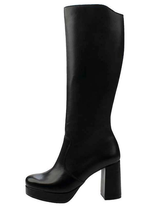 Leather High Heel Women's Boots with Zipper Black