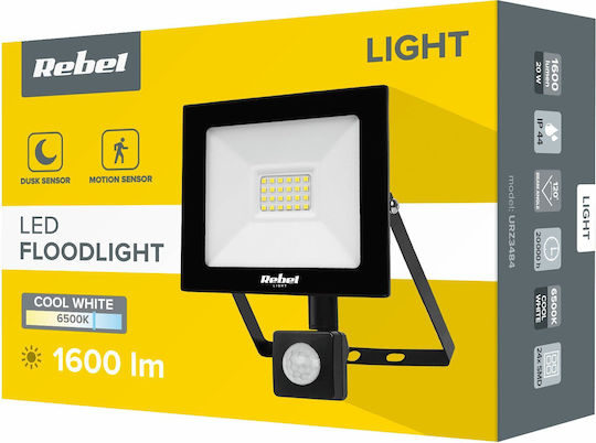 Rebel Στεγανός Προβολέας LED 20W Ψυχρό Λευκό 6500K με Αισθητήρα Κίνησης και Φωτοκύτταρο IP44