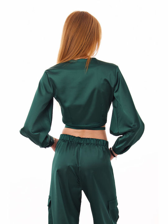 Moutaki pentru Femei Crop Top din Satin cu Mâneci Lungi Verde