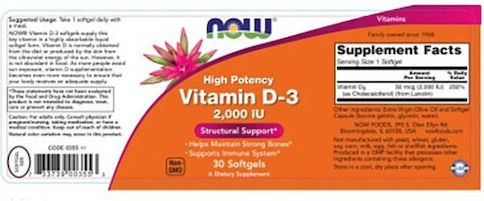 Now Foods Vitamin D-3 Vitamin for Immune System Boost & Bone Health 2000iu 30 softgels