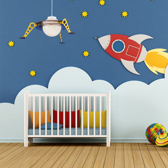 Aca Kids Wooden Single Ceiling Light E27 Space Ship Multicolour 13W 60x17cm