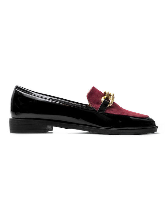 Black leather patent leather moccasins with burgundy suede and satin gold chain