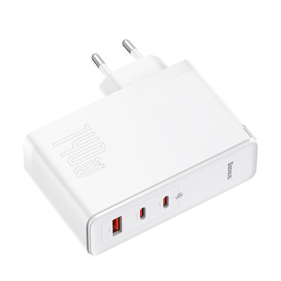 Baseus Зарядно без кабел GaN (Галуниев нитрид) с USB-A порт и 2 USB-C порта 140W Бял (GaN5 Pro)