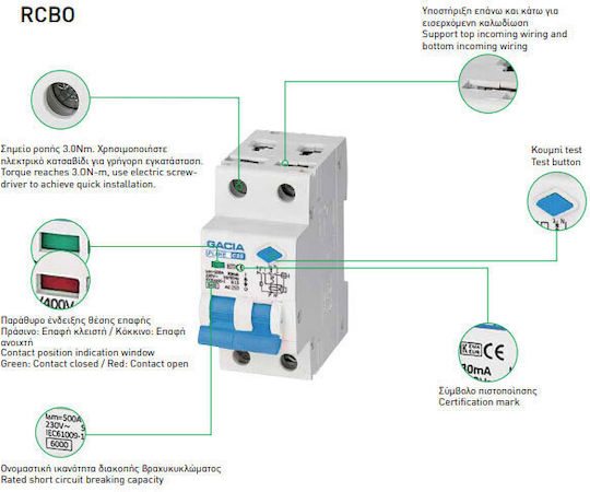 Gacia Phase 2-Pole Earth Leakage Relay 40A 230V 6KA 30mA 1+N Type AC 500-43526