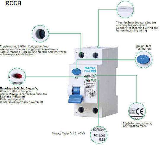 Gacia Relee de Fază Scurgere de pământ 40A Tetrapolar cu Tensiune 400V 4X40A 6KA 30mA Tip A 500-37512