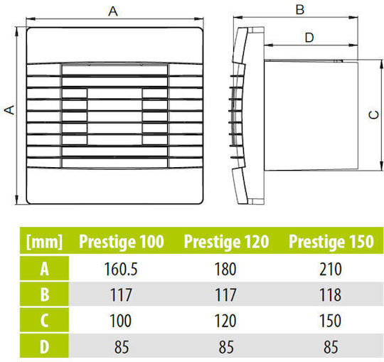 AirRoxy Prestige 150 Επιτοίχιος Εξαεριστήρας 150mm Λευκός