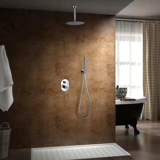 Imex Vesubio Built-in Mixer, Hand Shower & Shower Head Set for Shower 2 Exits Inox Silver