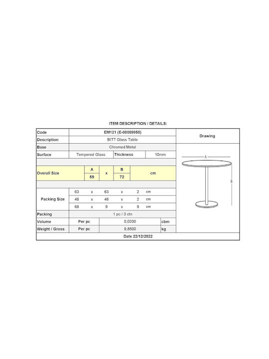 Rundes Beistelltisch Bitt Glas Transparent M60xL60xH65cm EM121