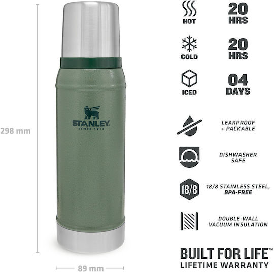Stanley Classic Legendary Bottle Thermos Stainless Steel BPA Free 750ml Hammertone Green with Cap-Cup