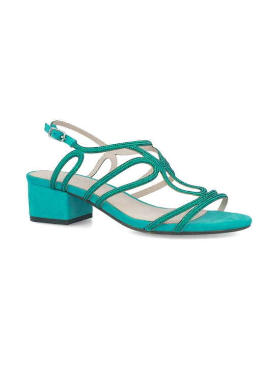 Menbur Suede Women's Sandals with Chunky Low Heel In Turquoise Colour 21623-0056