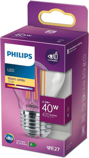 Philips LED Bulb 4.3W 80mm for Socket E27 and Shape P45 Warm White 470lm