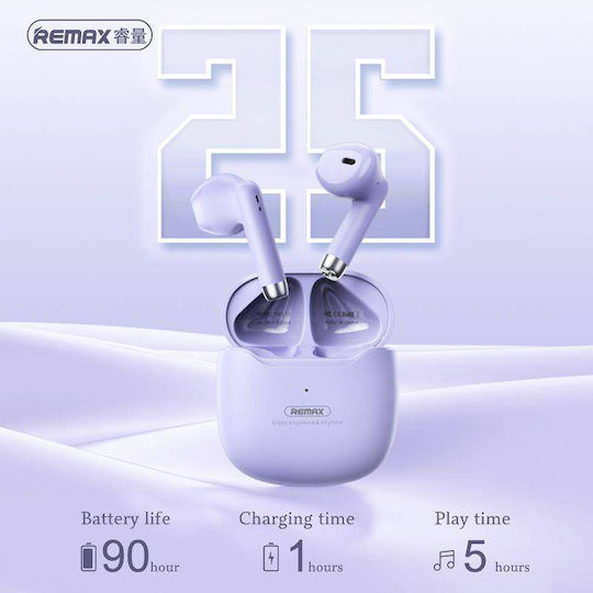 Remax TWS-19 Earbud Bluetooth Handsfree Ακουστικά με Θήκη Φόρτισης Μωβ
