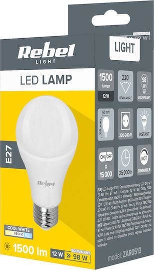 Rebel Λάμπα LED 12W για Ντουί E27 και Σχήμα A60 Ψυχρό Λευκό 1500lm