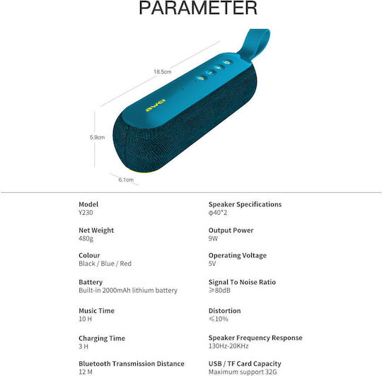 Awei Y230 Ηχείο Bluetooth 9W με Διάρκεια Μπαταρίας έως 10 ώρες Μπλε