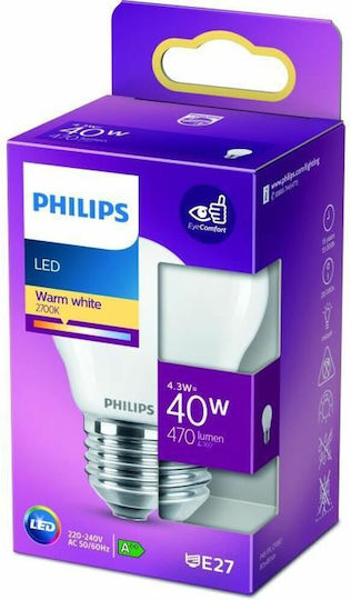 Philips LED Bulb 4.3W 82mm for Socket E27 and Shape P45 Warm White 470lm