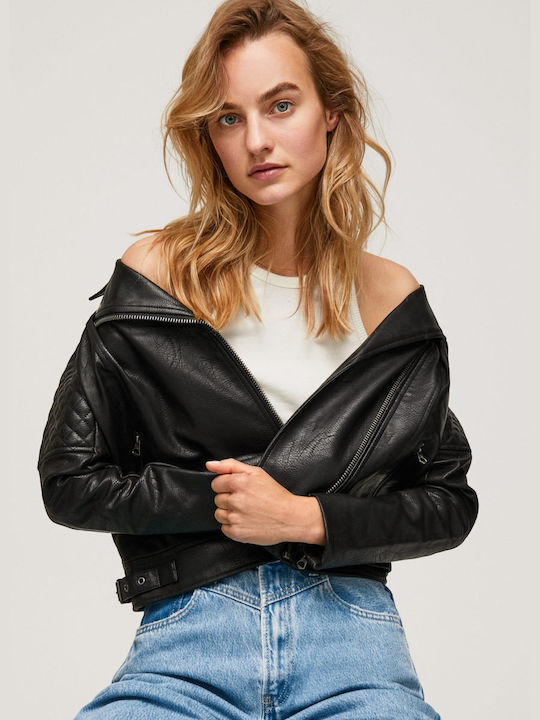 Δερμάτινο Γυναικείο Biker Jacket Μαύρο