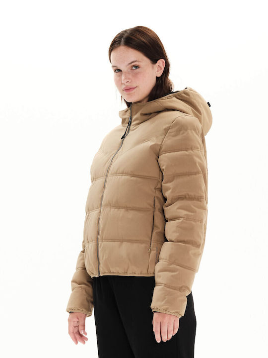 Women's Short Puffer Jacket Waterproof and Windproof for Winter with Hood Beige