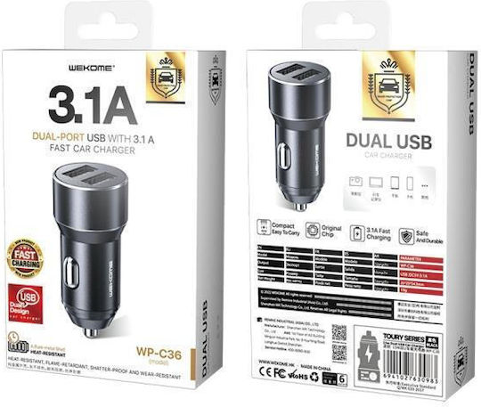 WK WP-C36 Auto-Ladegerät 15W 3.1A mit Anschlüssen: 2xUSB Schwarz Farbe