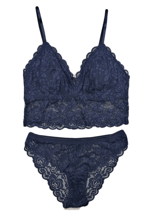 Norddiva Lingerie Lace Underwear Set with Bralette & Slip Navy Blue