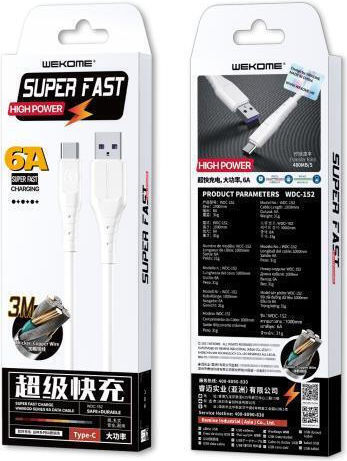 WK WDC-152 USB 2.0 Cable USB-C male - USB-A 30W Λευκό 3m 250704