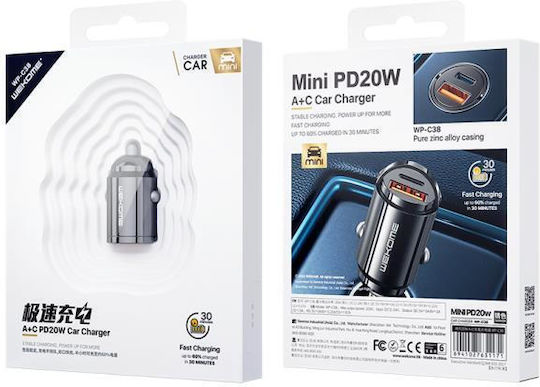 WK WK Auto-Ladegerät 20W Schnellladen mit Anschlüssen 1xUSB 1xType-C Grau Farbe