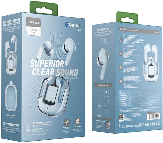 Acefast T6 In-ear Bluetooth Handsfree Ακουστικά με Αντοχή στον Ιδρώτα και Θήκη Φόρτισης Ice Blue