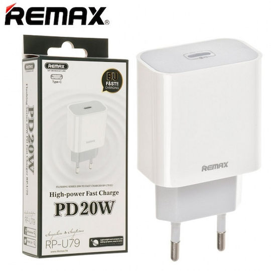 Remax Charger Without Cable with USB-C Port 20W Power Delivery Gray (RP-U79)