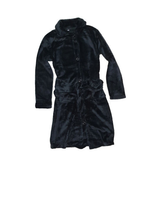 Women's Fleece Robe Bulky (Velvet)Black with buttons at the bottom