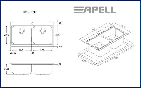 Apell Iris 9320 9320-110401 Drop-In Chiuvetă Satinat L89.7xW51cm sticlă neagră