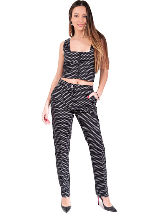 Women's Crop Top Cotton Sleeveless with Zipper Polka Dot Black